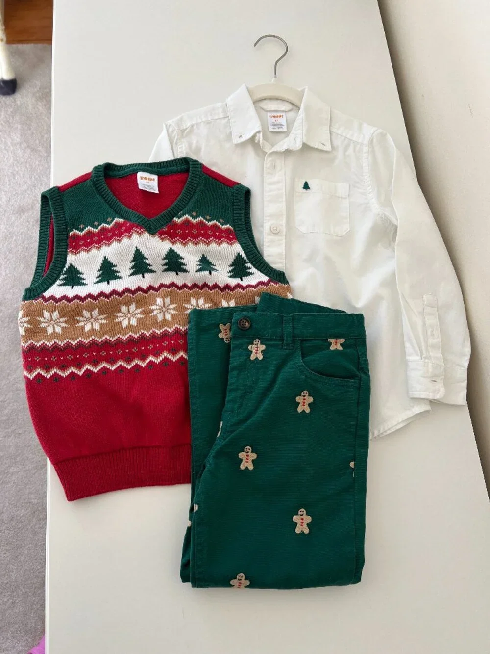 Gymboree Boy's Christmas Outfit, Gingerbread Pants, Tree Vest, White Shirt | 5T
